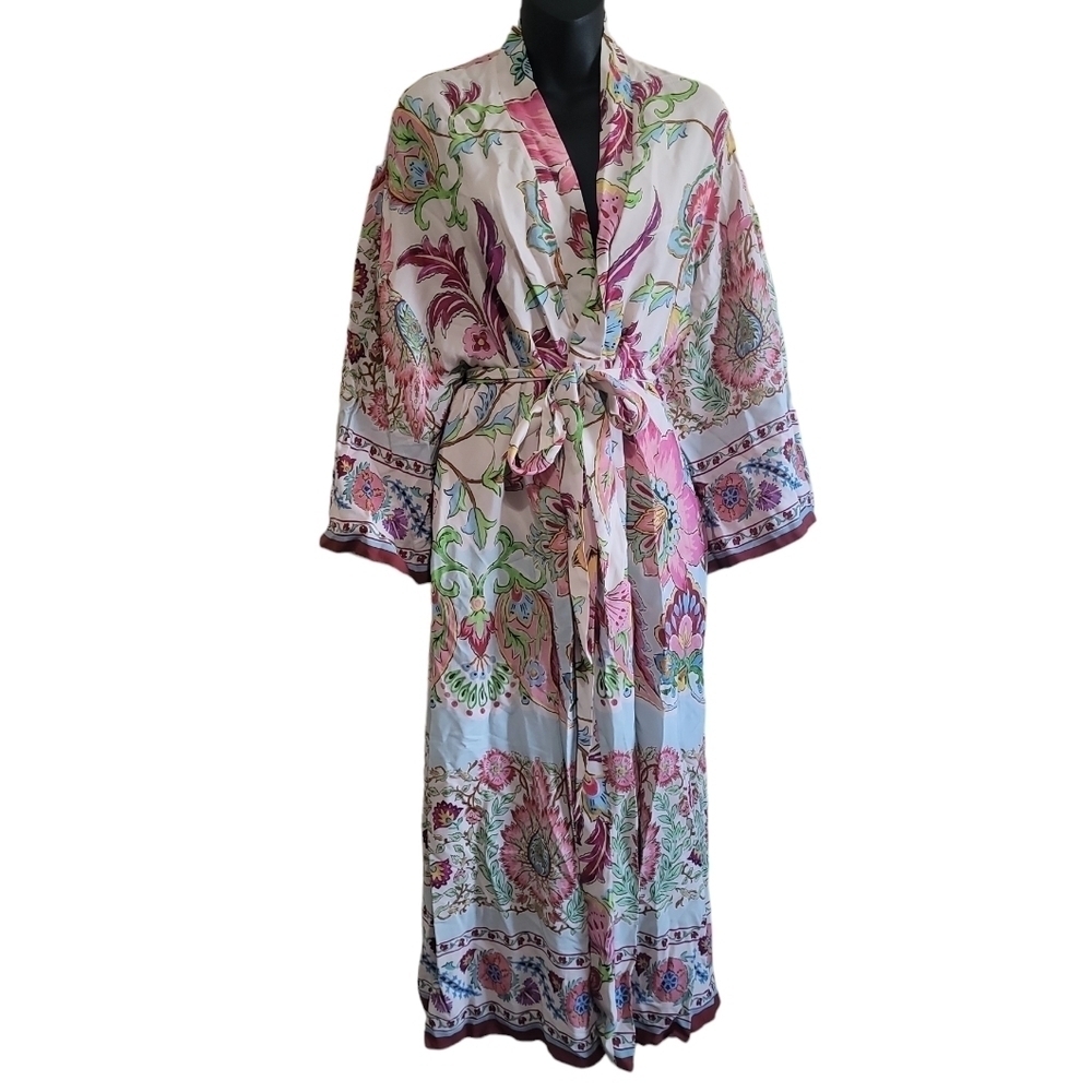 Zara Floral Pink Green Multicolor Printed Kimono Jacket With Belt Sz Small NWT - Picture 5 of 10